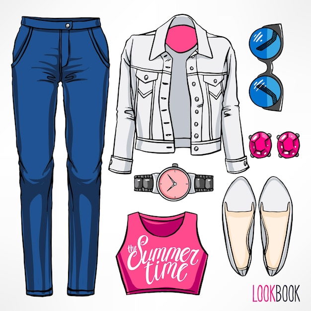 Completo estivo da donna. Abito e accessori. illustrazione del disegno a mano