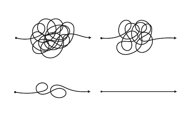 Complexo e facile modo semplice dall'inizio alla fine set di illustrazione vettoriale problema di semplificazione del caos