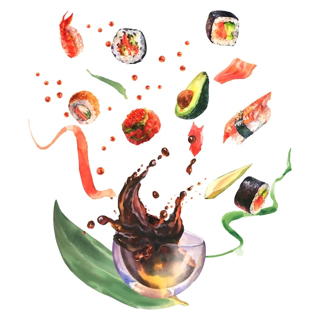 Composizione acquerello con sushi, salsa splash, ingrediente per sushi su sfondo bianco.