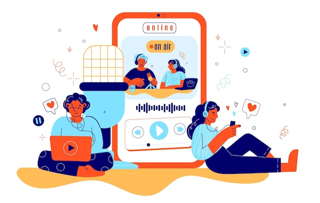 Composizione astratta per la registrazione di podcast Grande smartphone con trasmissione in streaming o intervista blogger con ascoltatori microfonici in studio con cuffie che parlano concetto di vettore isolato