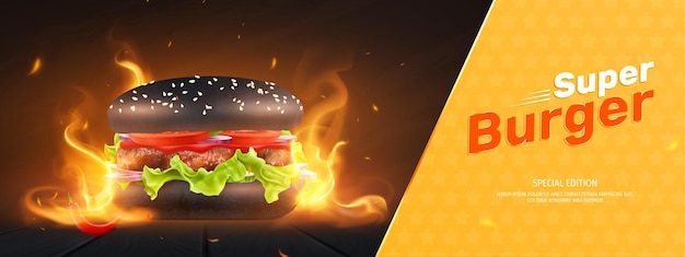 composizione con illustrazione di hamburger di fiamma ardente