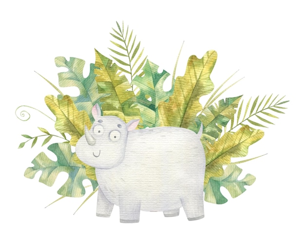 Composizione con simpatico rinoceronte in foglie tropicali e fiori illustrazione ad acquerello per bambini