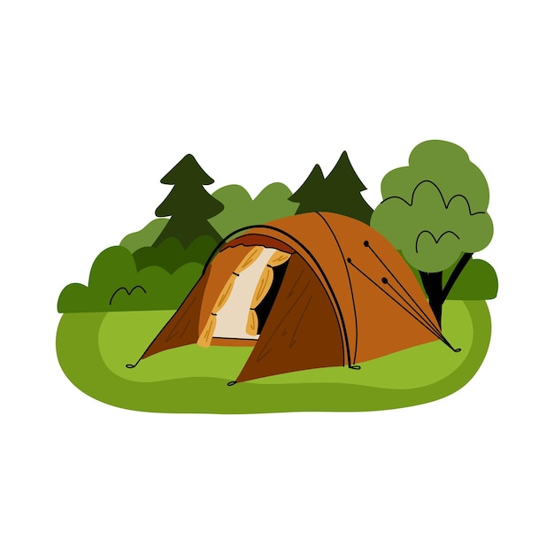 Composizione del campeggio Paesaggio con alberi e cespugli Tenda di campeggio e falò Campeggio turistico Avventura all'aperto Campeggio in foresta Turismo escursionistico Vacanze estive Vettore cartone animato illustrazione piatta