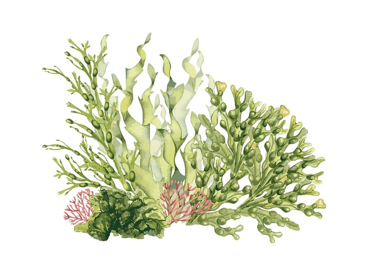 Vettore composizione dell'illustrazione dell'acquerello delle piante di mare verde isolata su bianco insalata di mare laminaria