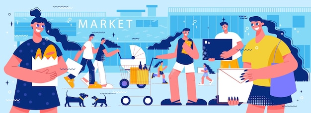 Composizione dello shopping con la scena della siluetta della costruzione del supermercato e personaggi scarabocchiati di maniaci dello shopping con illustrazione di cibo ed elettronica electronic