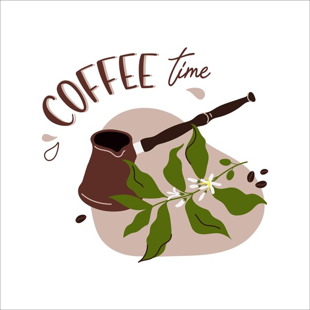 Composizione di caffè con rame, ramo di caffè e chicchi. Illustrazione disegnata a mano.