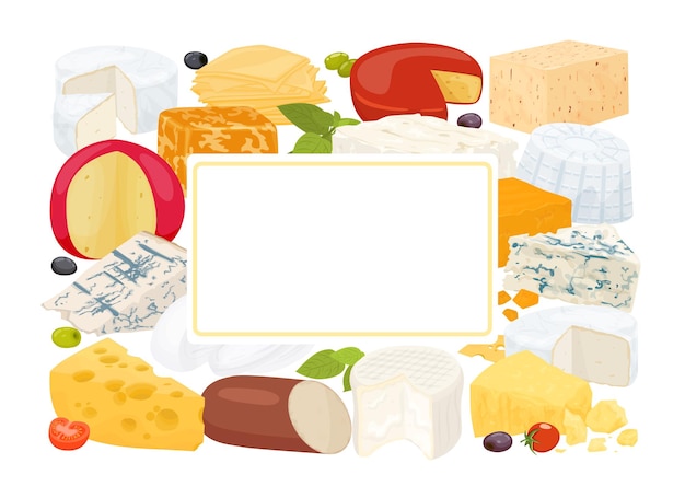 Composizione di formaggio piatto colorato diversi tipi di formaggi ed etichetta al centro e posto per l'illustrazione vettoriale del testo