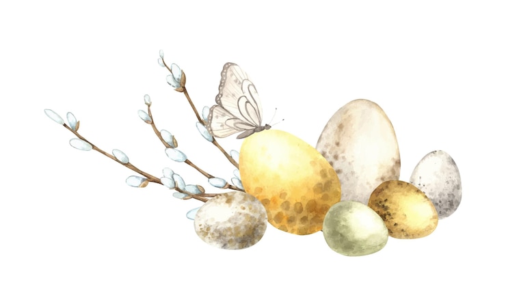 Vettore composizione di pasqua dell'acquerello con uova di salice giallo e bianco farfalla illustrazione delle vacanze di pasqua schizzo disegnato a mano su sfondo isolato per biglietti di auguri inviti poster di buone vacanze