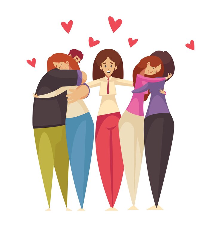 Vettore composizione di terapia psicologica con icone del cuore e persone che abbracciano con illustrazione vettoriale psicologa femminile
