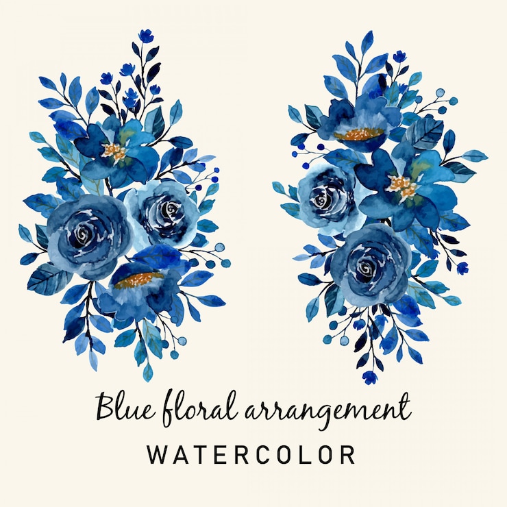 Vettore composizione floreale blu con acquerello