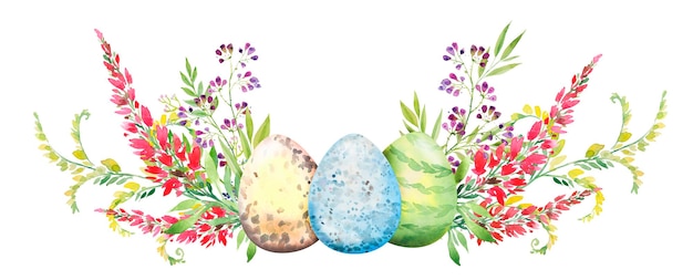 Composizione floreale in Pasqua con fiori rossi e gialli e illustrazione dell'acquerello delle uova