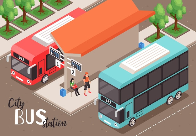 Composizione isometrica della fermata dell'autobus urbano con vista all'aperto della fermata pubblica con due piattaforme e persone