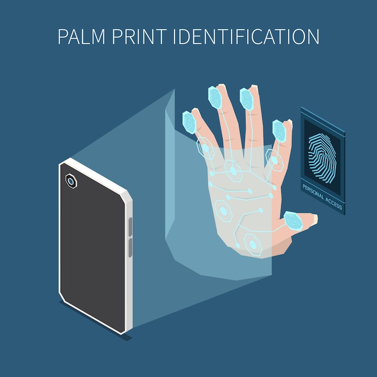 Vettore composizione isometrica di autenticazione biometrica con immagini di smartphone che scansionano la mano umana con impronte digitali e illustrazione vettoriale di testo modificabile