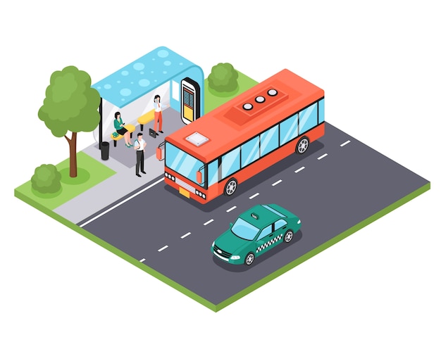 Composizione isometrica di cartoni animati per i trasporti pubblici