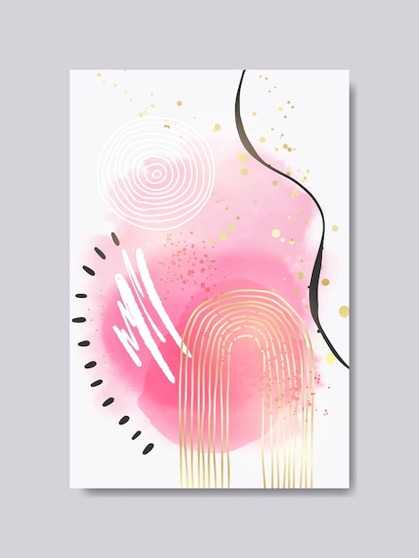 Composizione minimalista ad acquerello rosa rosa con elementi di macchia fluida e linee di inchiostro Design di poster di arte moderna di metà secolo Opere d'arte vettoriali contemporanee per la decorazione delle pareti domestiche stampe su tela