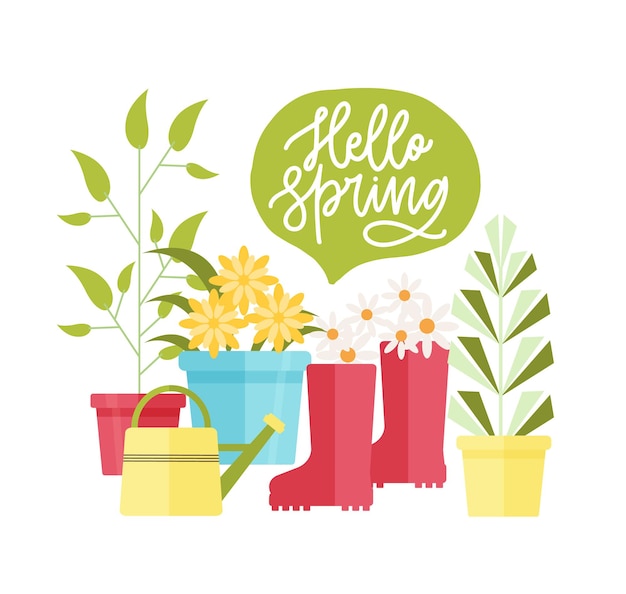 Composizione moderna con attrezzature per il giardinaggio e l'agricoltura, scritte Hello Spring e piante che crescono in vasi isolati su bianco