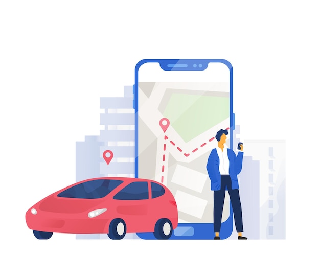 Composizione moderna con automobile e personaggio maschile in piedi accanto a un telefono cellulare gigante con mappa della città sullo schermo