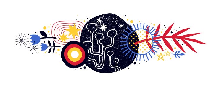 Vettore composizione orizzontale astratta con elementi geometrici e floreali.