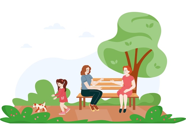 Composizione piatta per la sicurezza dei bambini con due chiacchiere che non si prendono cura della ragazza che cammina con il suo cane nel parco illustrazione vettoriale
