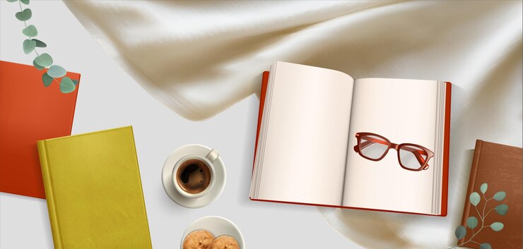 Vettore composizione realistica dell'amante del libro con la vista dall'alto della tovaglia con gli occhiali dei libri e l'illustrazione di vettore della tazza di caffè
