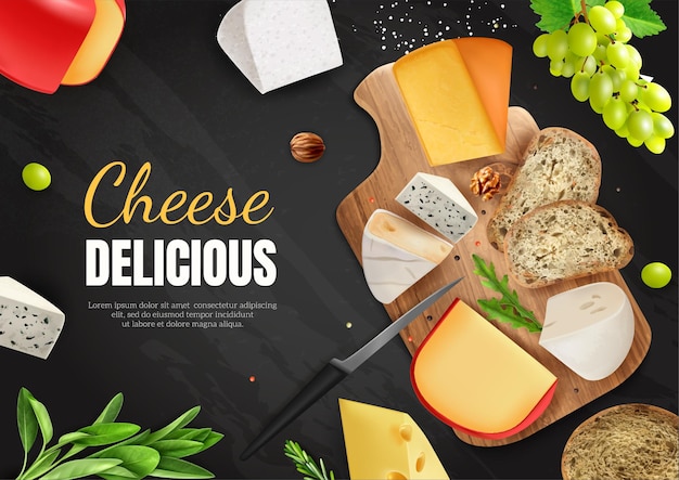 Composizione realistica della lavagna del formaggio con piatto di formaggio con pane e grande illustrazione di vettore del titolo