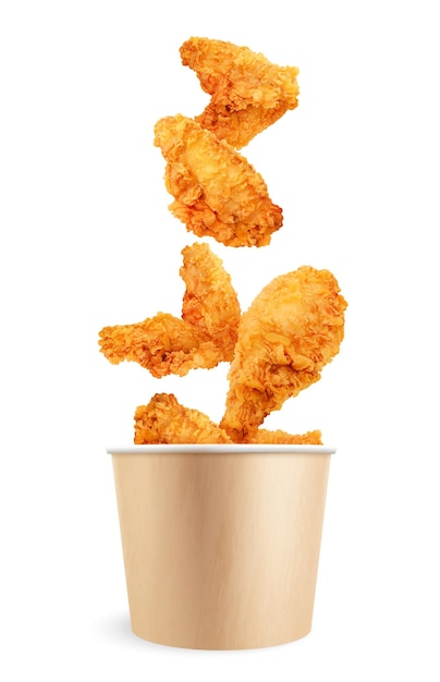 Composizione realistica negli alimenti a rapida preparazione del pollo con la vista isolata delle ali di pollo fritte che cadono nell'illustrazione di vettore del secchio di carta