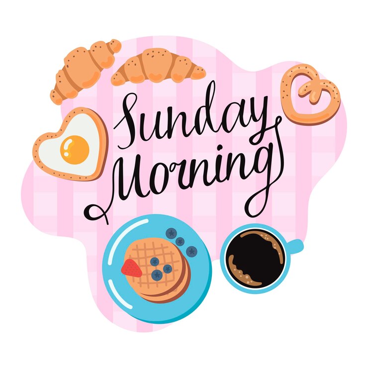 Vettore composizione sul tema della colazione della domenica. scritte, caffè, croissant, uova e cialde su una tovaglia rosa.