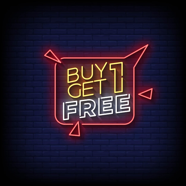 Compra uno, prendi uno, segno al neon gratuito con sfondo vettoriale a parete di mattoni.