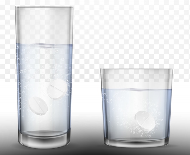 Compresse effervescenti realistiche in bicchiere d&#39;acqua.
