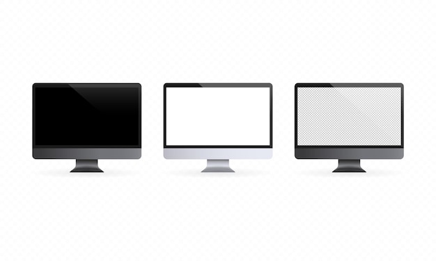 Computer desktop realistico con display vuoto. PC in vista frontale e laterale. Nei colori nero, argento e grigio siderale. Vettore su sfondo trasparente isolato. ENV 10.
