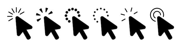 Computer mouse click cursor black fill arrow icons set Arrow cursor icon mouse slanted click cursor icons with loader Click arrow pointer vector illustration Loading icon cursor collection