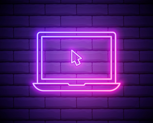 Computer portatile al neon luminoso con icona del cursore isolata su sfondo muro di mattoni Illustrazione vettoriale