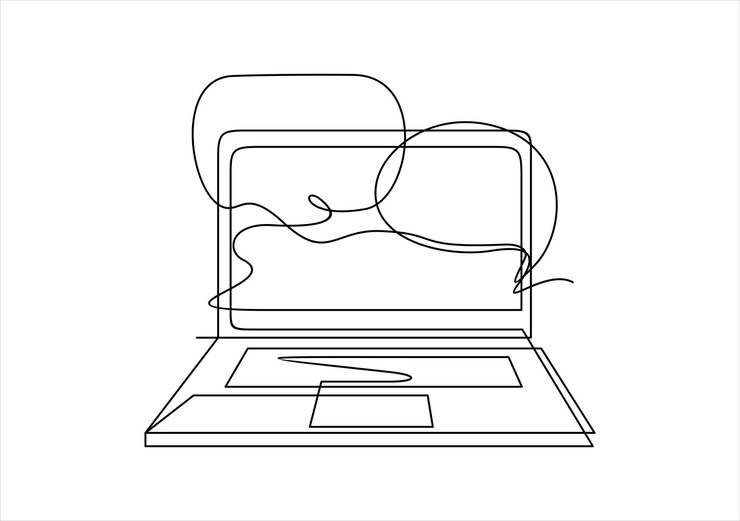 Vettore computer portatile con bolla vocale arte a righe continue o disegno a righe