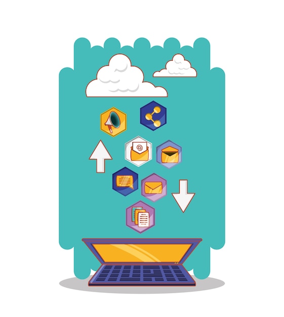 computer portatile con icone set di social media