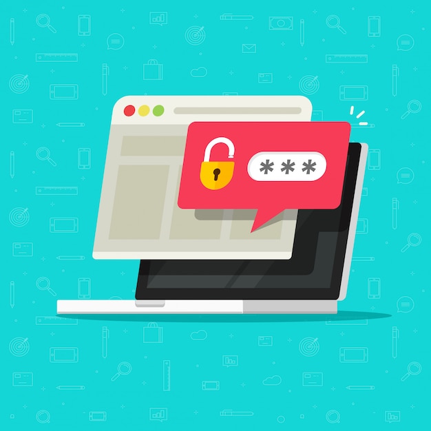 Computer portatile con il fumetto piatto notifica bolla sbloccato password