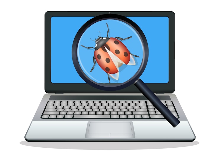Vettore computer portatile con lente di ingrandimento trovata bug