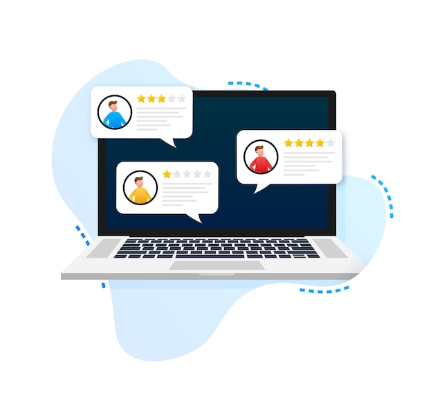 Computer portatile con messaggi di valutazione delle recensioni dei clienti Display del laptop e recensioni online