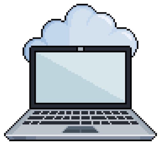 Computer portatile e cloud pixel art. Memorizza i dati nell'icona del vettore cloud per il gioco a 8 bit su sfondo bianco