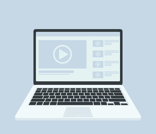 Computer portatile moderno con lettore video sullo schermo Video online guardare film materiali didattici corsi web concetti Design piatto a lunga ombra Illustrazione vettoriale