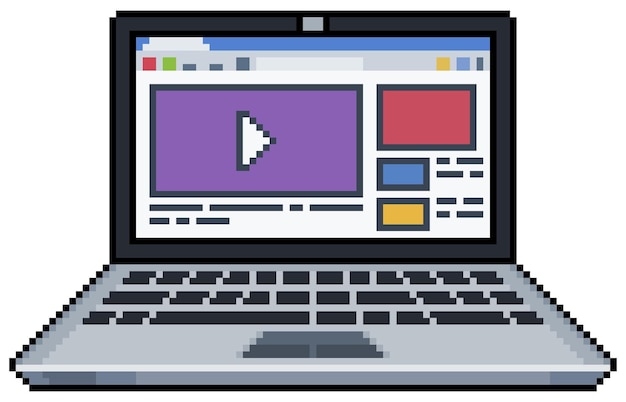 Computer portatile pixel art con piattaforma video, icona vettore sito video per gioco a 8 bit su sfondo bianco