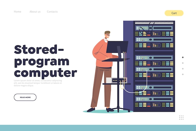 Computer programma memorizzato sysadmin maschio giovane al lavoro Uomo che fa manutenzione tecnica con il server