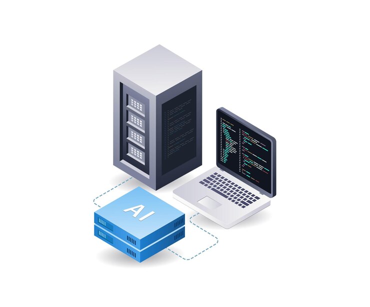 Computer server di dati di intelligenza artificiale infografica illustrazione 3D isometrica piatta