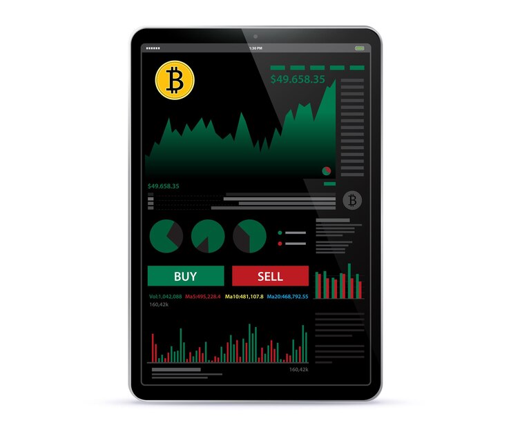 Computer tablet con modello di progettazione dell'interfaccia utente della schermata dell'app di trading e finanza online di criptovaluta