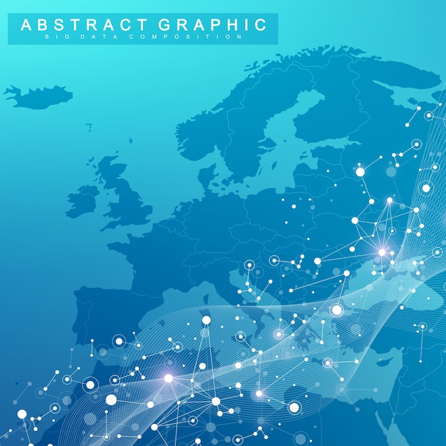 Comunicazione di sfondo grafico geometrico con la mappa dell'Europa Big data complex con composti Sfondo prospettico Array minimo Visualizzazione dei dati digitali Illustrazione vettoriale cibernetica scientifica