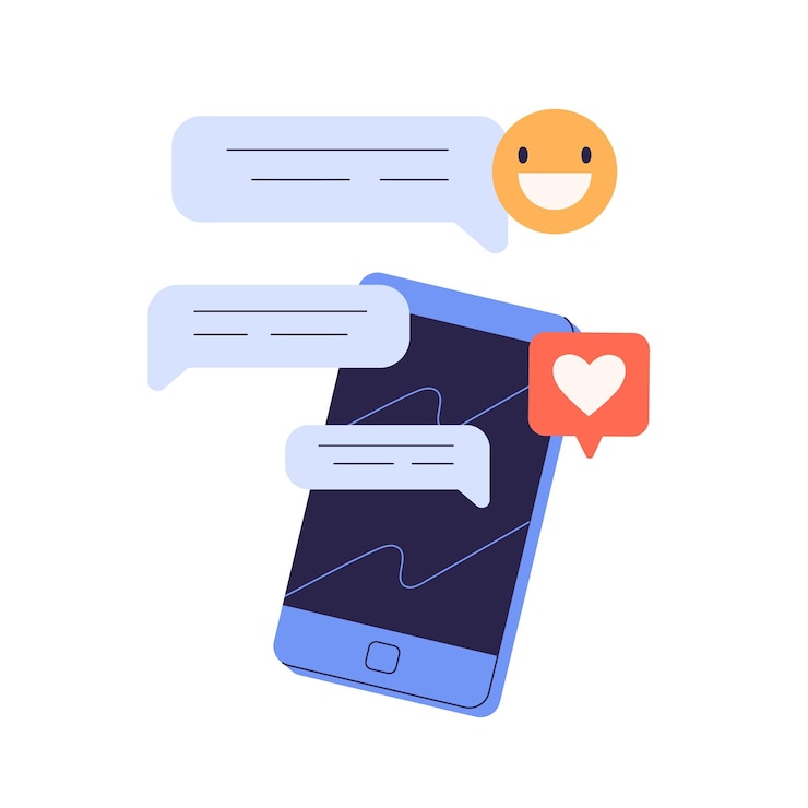 Vettore comunicazione online con il concetto di telefono cellulare. ricezione di messaggi, commenti, mi piace, emoji in chat su internet, social media, messenger per smartphone. illustrazione vettoriale piatta isolata su sfondo bianco