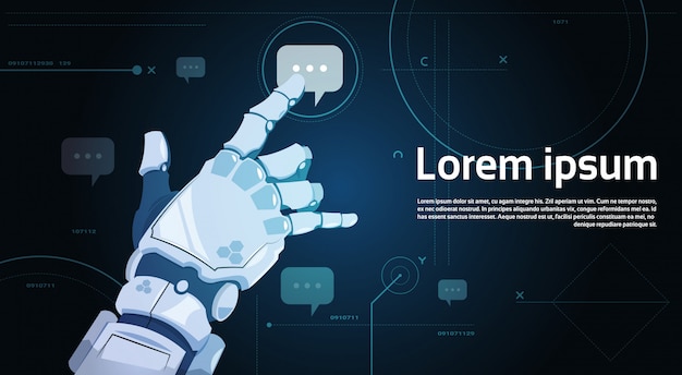 Comunicazione robot robot della bolla di chiacchierata di tocco della mano e concetto di intelligenza artificiale