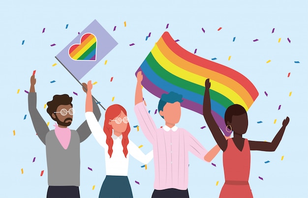Comunità di uomini e donne con la bandiera arcobaleno alla libertà