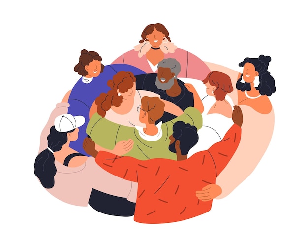 Comunità unita, gruppo di persone che si abbracciano insieme. Sostegno, pace, concetto di umanesimo. Sostenere la società amorevole. Unità solidale che si abbraccia insieme. Illustrazione vettoriale piatta isolata su sfondo bianco