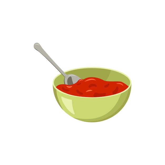 Concentrato di pomodoro rosso in una ciotola con un cucchiaio. Salsa o condimento per cibi e snack.