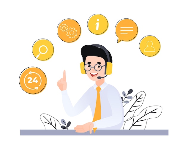 Concept cliente e operatore, supporto tecnico online 24 ore su 24, 7 giorni su 7 per la pagina web. Illustrazione vettoriale L'operatore della hotline maschile consiglia il cliente. Assistente personale, Assistente online, servizio di aiuto virtuale.